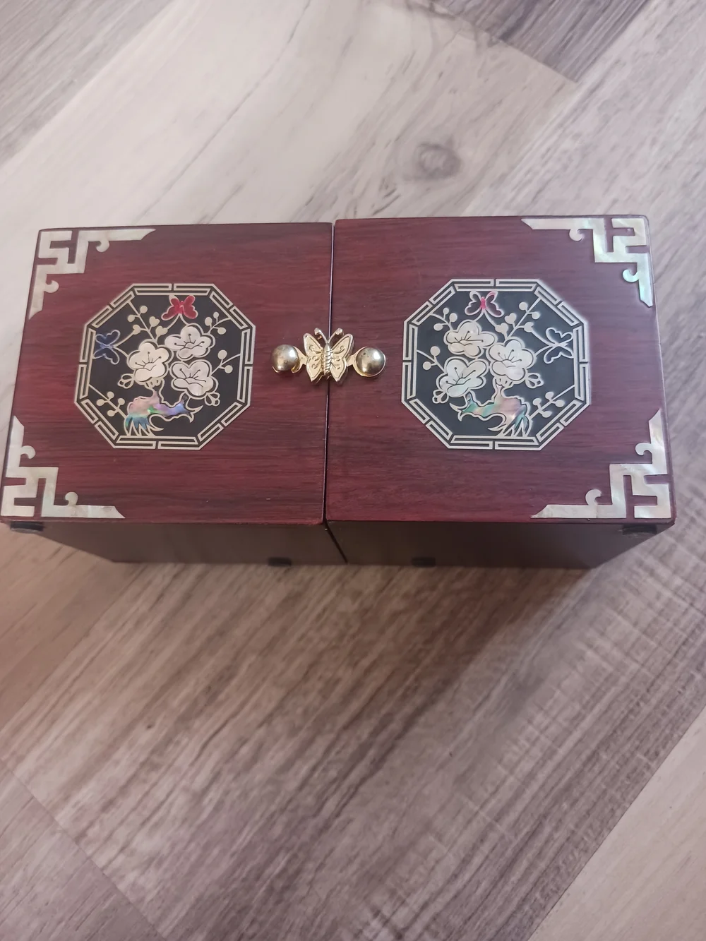 Korean Octagonal Floral Inlay Wooden Jewelry Box W/ Cranes